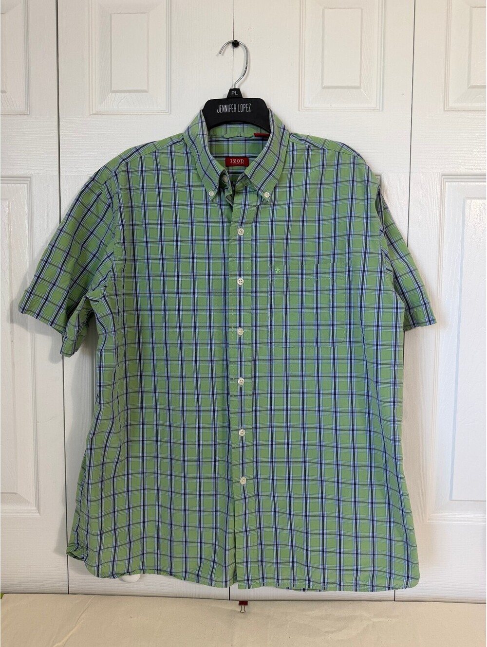 IZOD Mens Large Green Blue Plaid Camp Shirt Short Sleeve Button Down Cotton 100%